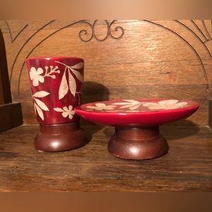 8892 Springmaid Ceramic And Wood Soap Dish/ Toothbrush HolderBali Breeze Pattern